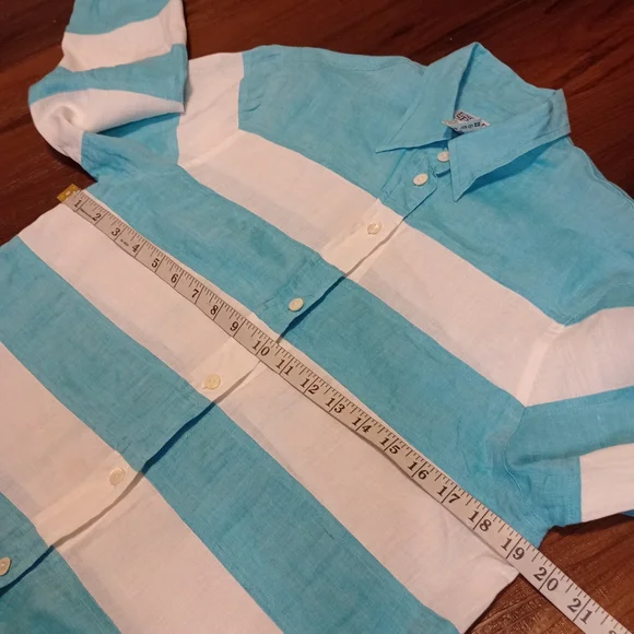Vintage Escada Sport 100% Linen Long Sleeve Striped Button Down Top Aqua - Picture 6 of 11